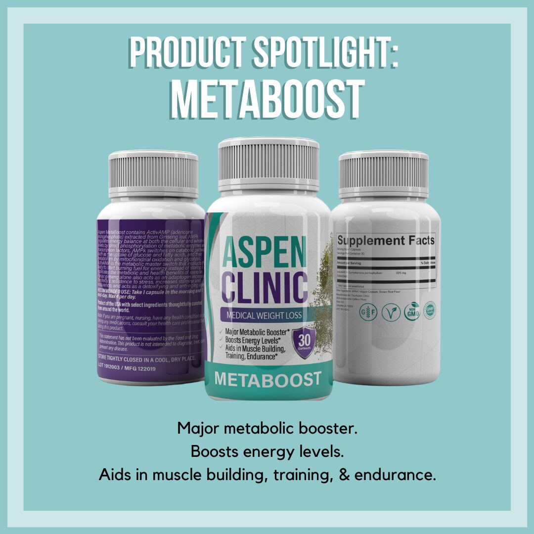 A promotional graphic with a light green background. It features three angles of a white bottle of Metaboost weight loss supplement and reads: “Product Spotlight: Metaboost. Major metabolic booster. Boosts energy levels. Aids in muscle building, training, and endurance.
