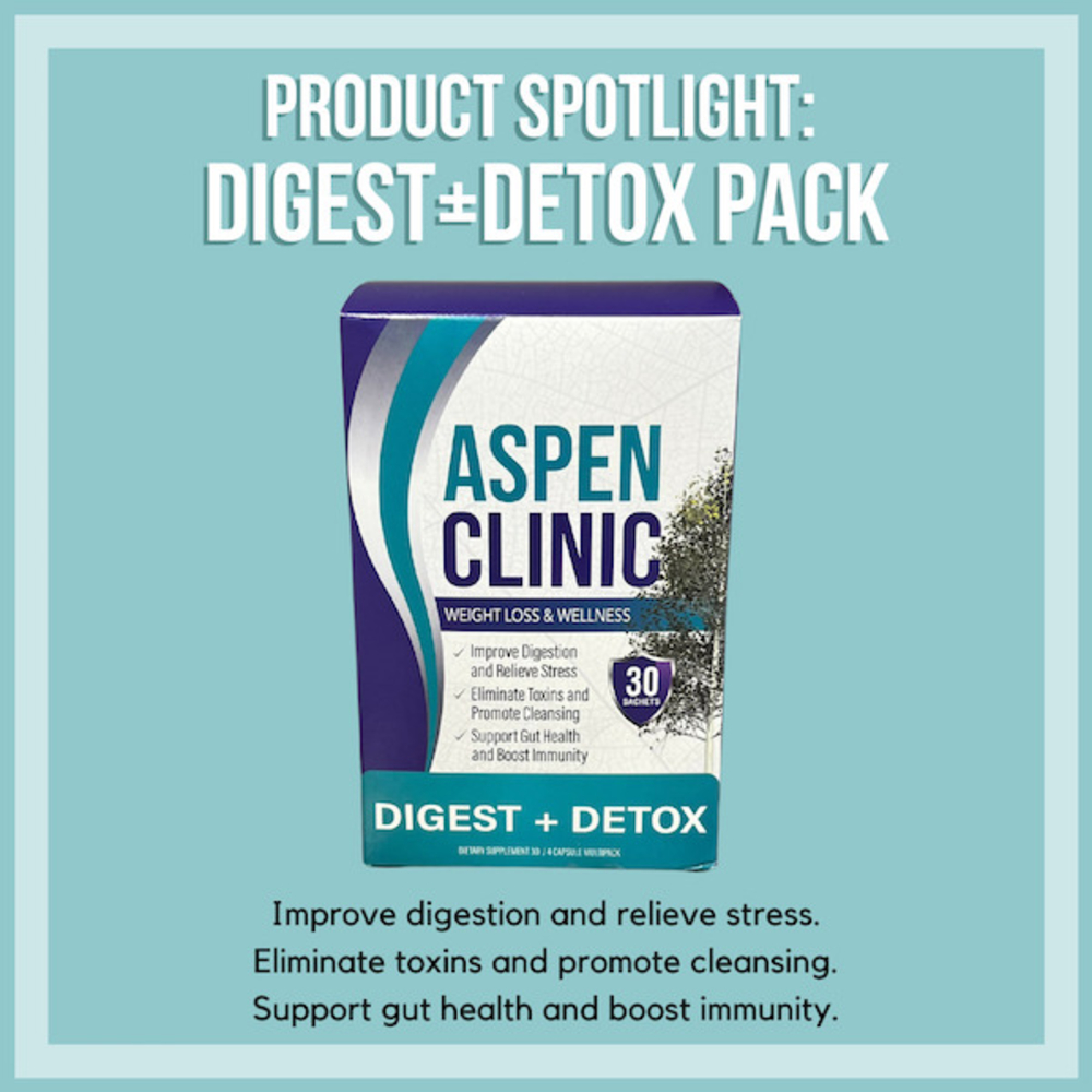 A photo of the box for a product called “Aspen Clinic Digest + Detox” on a light green background. The white text at the top reads: “Product Spotlight: Digest + Detox Pack”. The black text at the bottom reads: “Improve digestion and relieve stress. Eliminate toxins and improve cleansing. Support gut health and improve immunity.