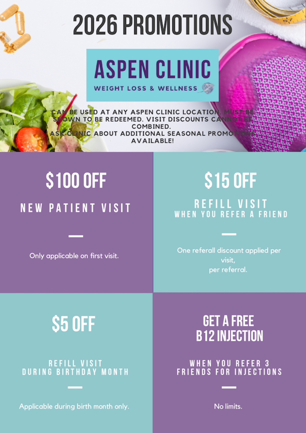 A series of coupons for weight loss services at the Aspen Clinic: $100 off new patient visit, $15 refill visit when you refer a friend, $5 off refill visit during your birthday month, and a free B12 injection when you refer 3 friends