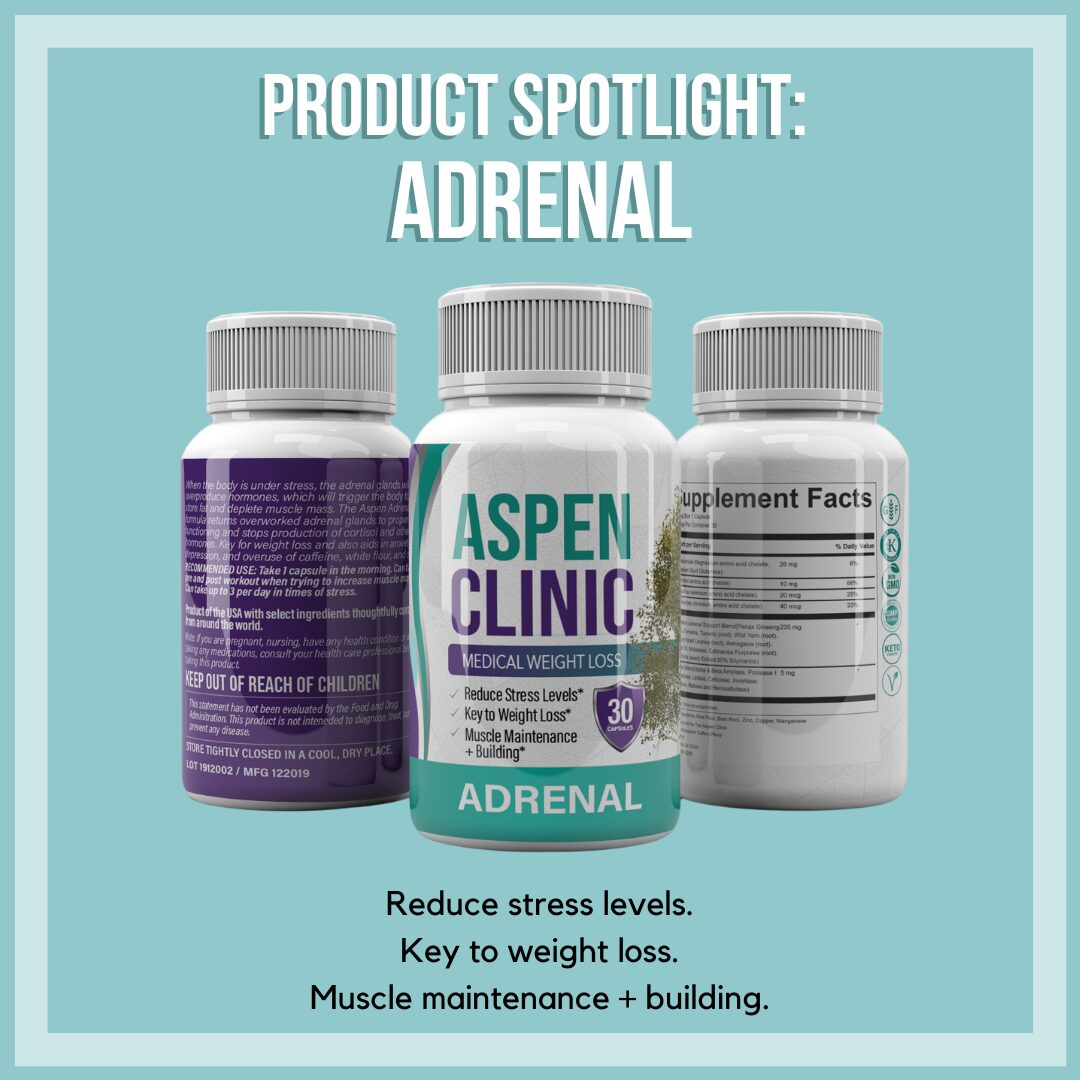 Three bottles of Adrenal supplement on a light green background with text that reads, “Product Spotlight: Adrenal. Reduce stress levels. Key to weight loss. Muscle maintenance + building.