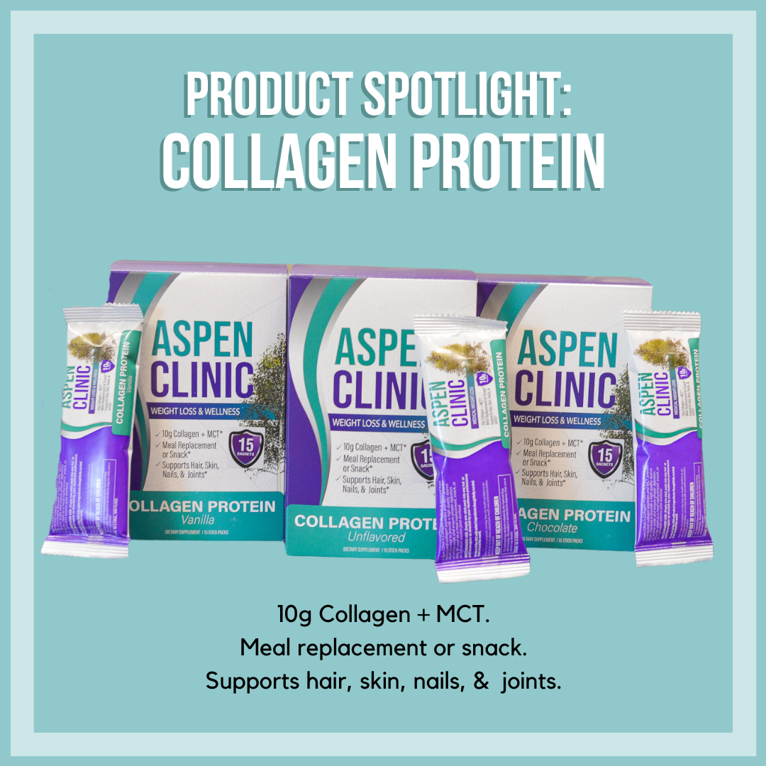 Sachets of collagen protein powder leaning against their boxes, with the text, “10g collagen + MCT. Meal replacement or snack. Supports hair, skin, nails & joints